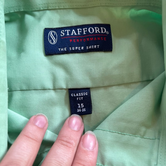 Stafford Mens The Super Dress Shirt Green Classic Fit Collared Pocket 15 34/35 - Picture 6 of 6